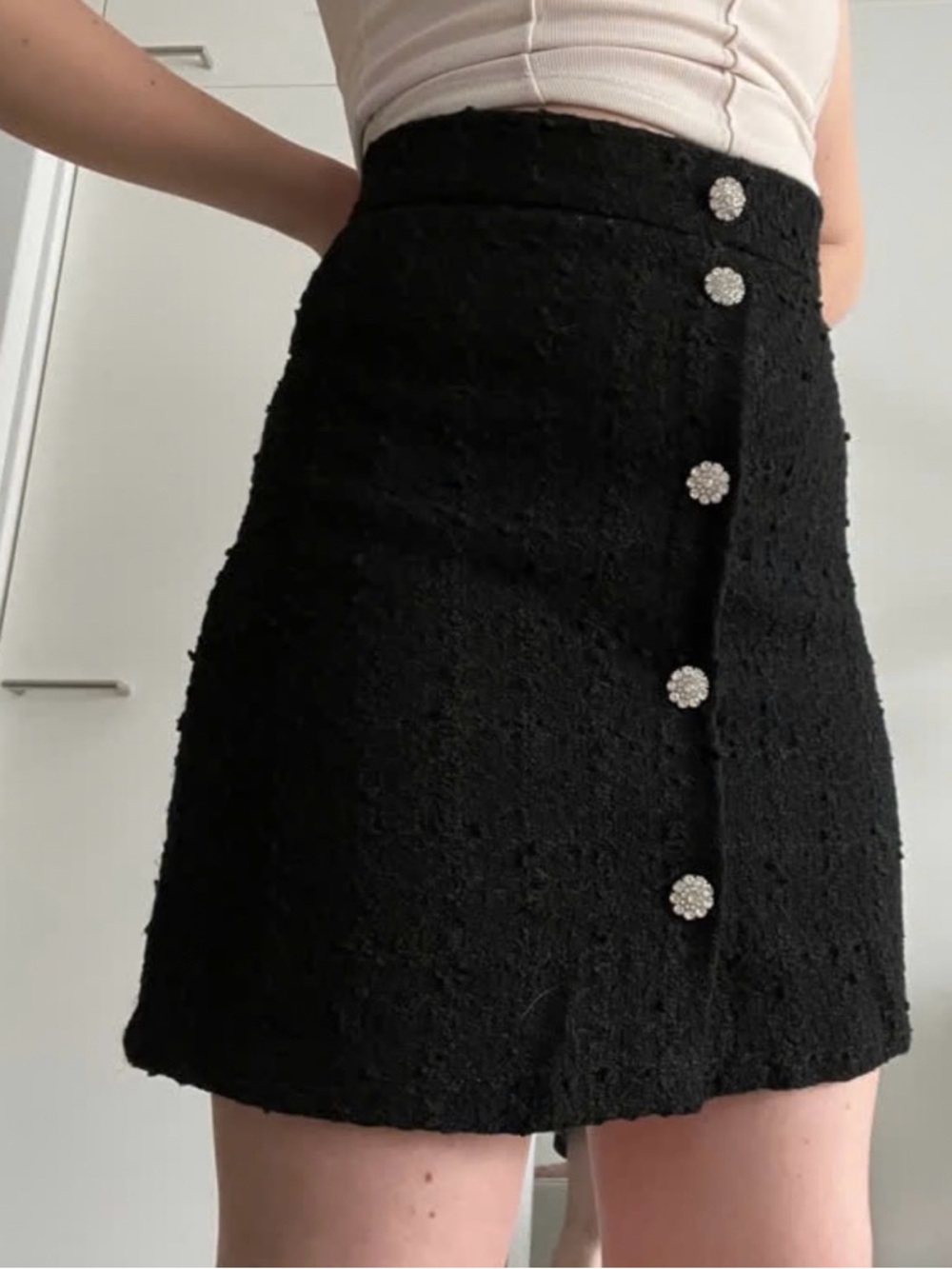 H&M Black Tweed Skirt with Rhinestone Buttons